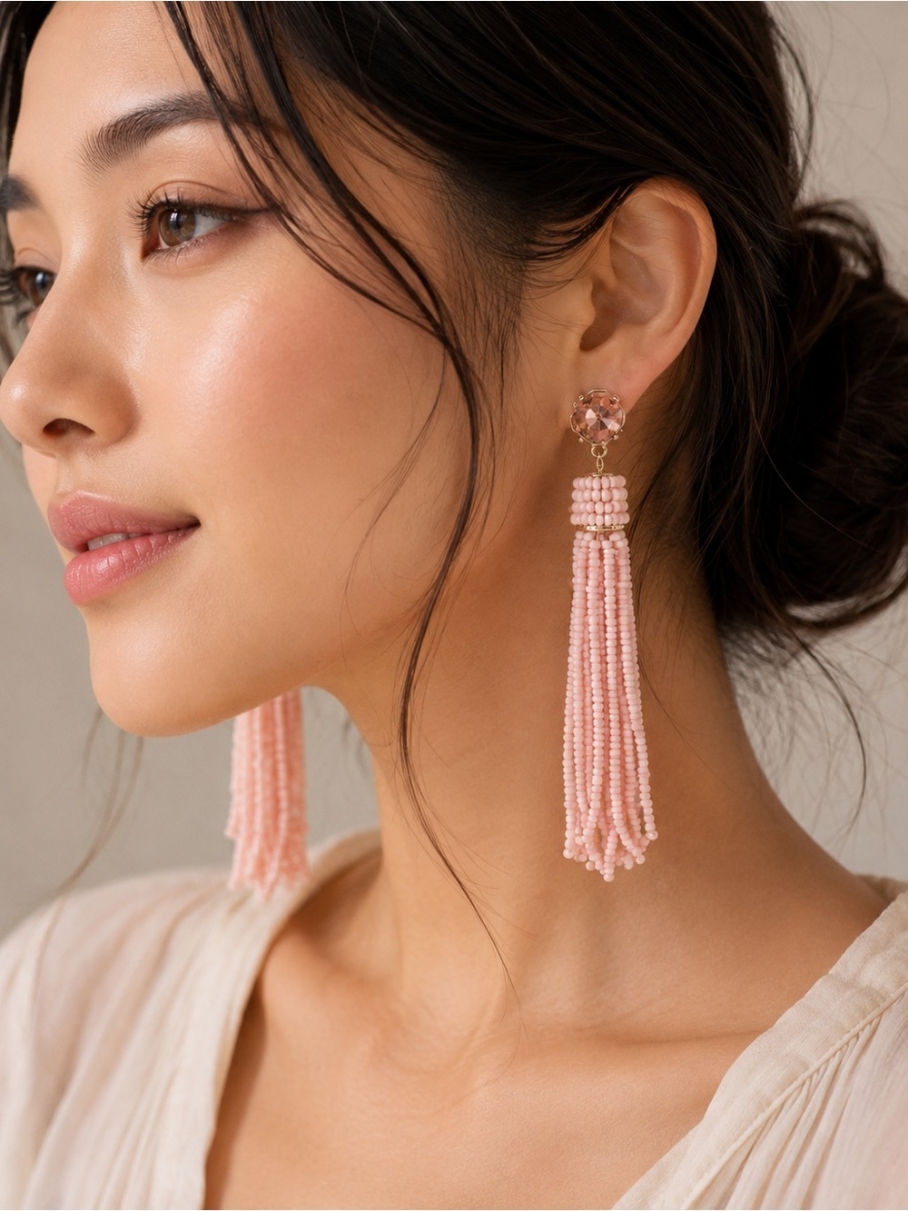 Pink Long Tassel Seed Bead Earrings Crystal Beaded Style Funky Artsy Boho